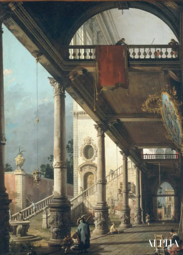 Capriccio Une colonnade ouvrant sur la cour d'un palais 1765 - Giovanni Antonio Canal - Reproductions de tableaux et peintures haut de gamme