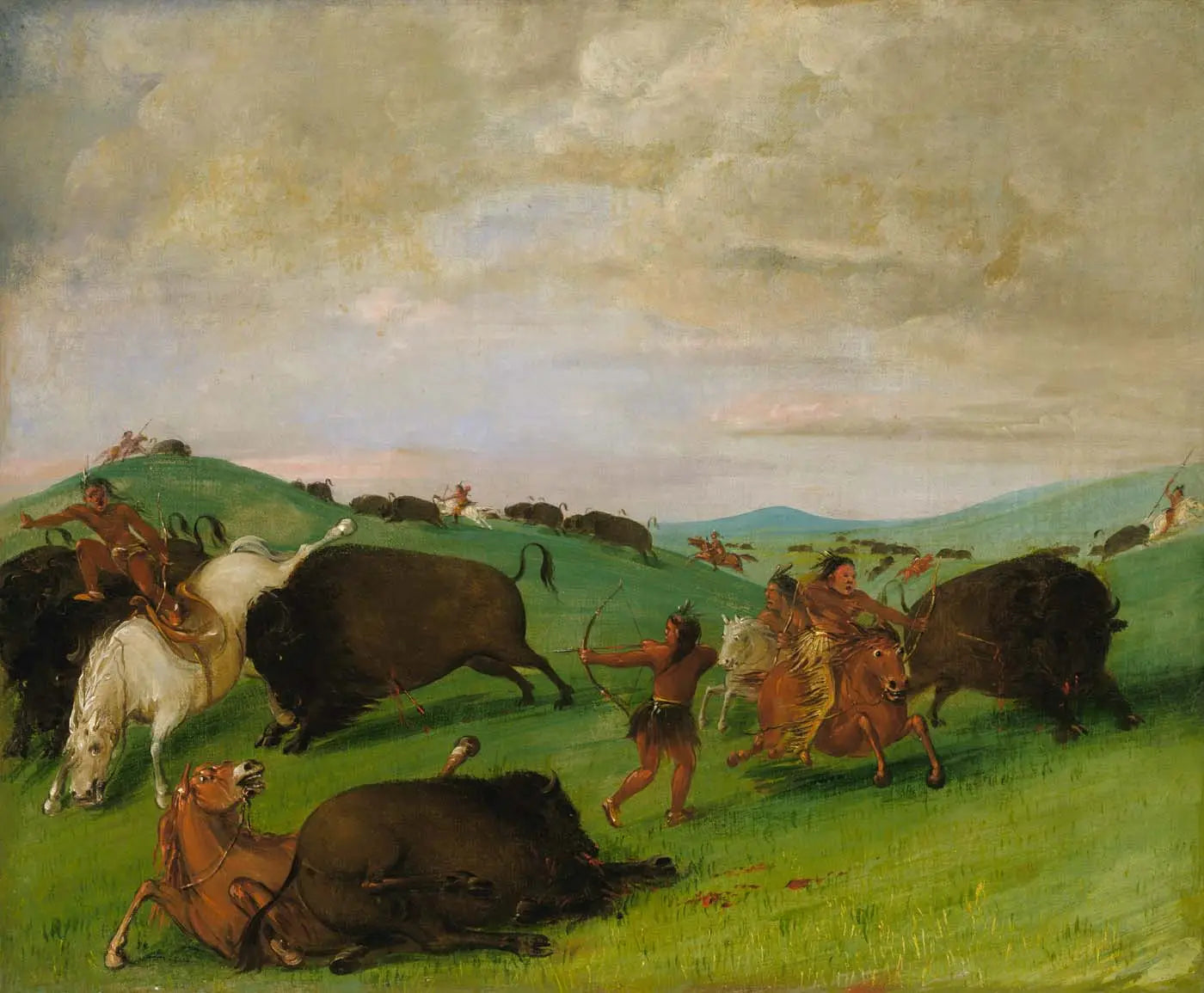 Chasse au bison, taureaux se battant avec hommes et chevaux - George Catlin image 1 copie de tableau peinte à la main