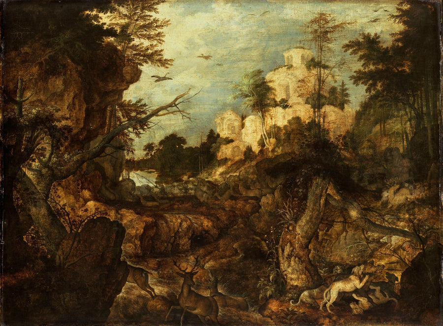 Chasse au sanglier dans un paysage rocheux - Roelant Savery