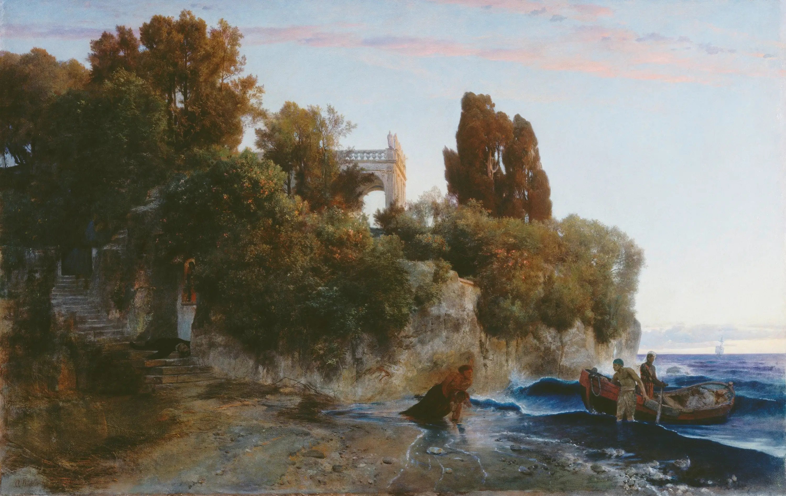 Château au bord de la mer et meurtre dans le jardin du château - Arnold Böcklin image 1 copie peinte à la main à l’huile
