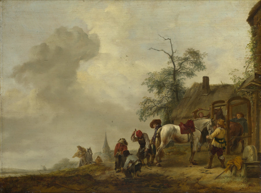 Un cheval ferré à l'extérieur d'une forge de village - Philips Wouwerman