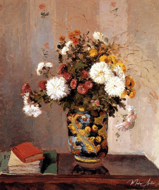 Chrysanthèmes dans un vase de porcelaine de porcelaine - Camille Pissarro - Reproductions de tableaux et peintures haut de gamme