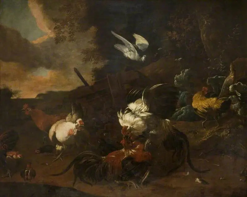 Combat de coqs (« Guerre et Paix ») - Melchior de Hondecoeter image 1 copie peinte à la main à l’huile