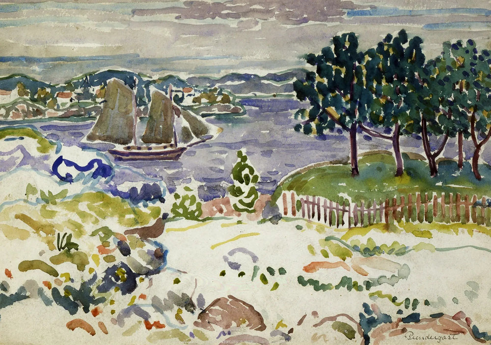 Crique avec voilier, Maine - Maurice Prendergast image 1 copie peinte à la main à l’huile