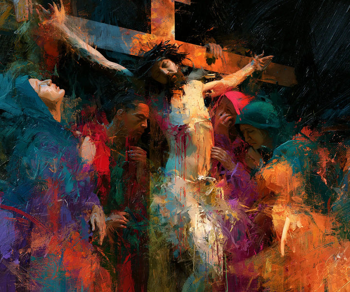Crucifixion carrée expressionniste multicolore — Peinture à l’huile sur commande