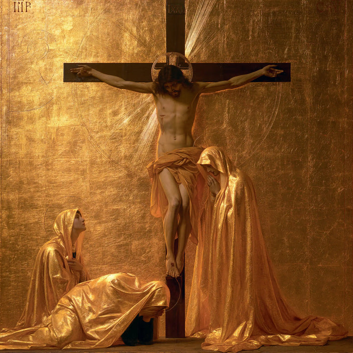 Crucifixion classique dorée avec trois figures — Huile sur toile sur commande