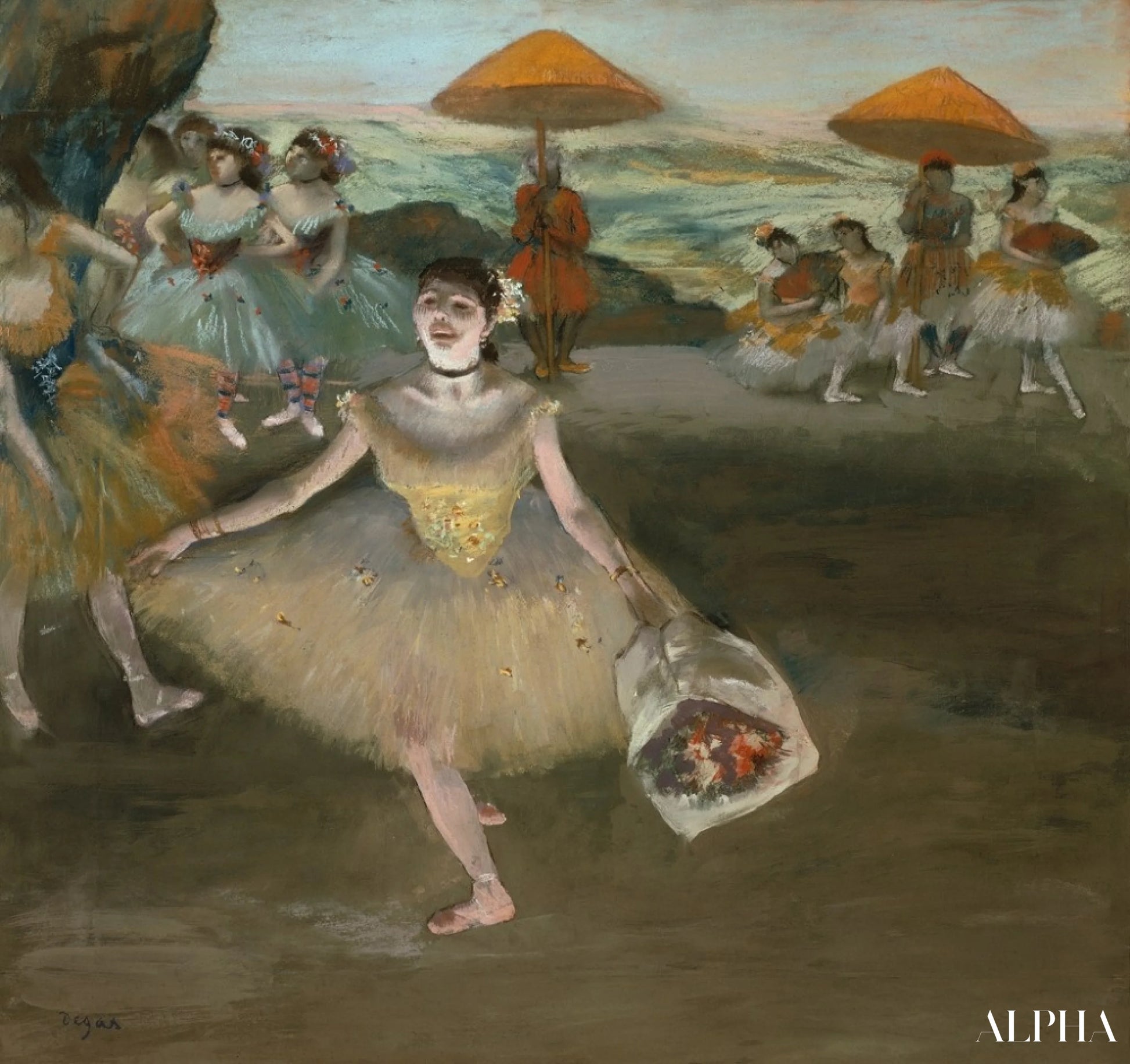 부케를 든 무용수, 무대에서 인사하는 모습 - Edgar Degas - 고급 그림 및 회화 복제본