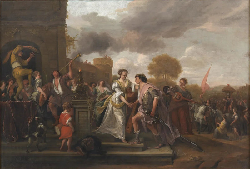 David revient victorieux après avoir vaincu Goliath et les Philistins - Jan Steen