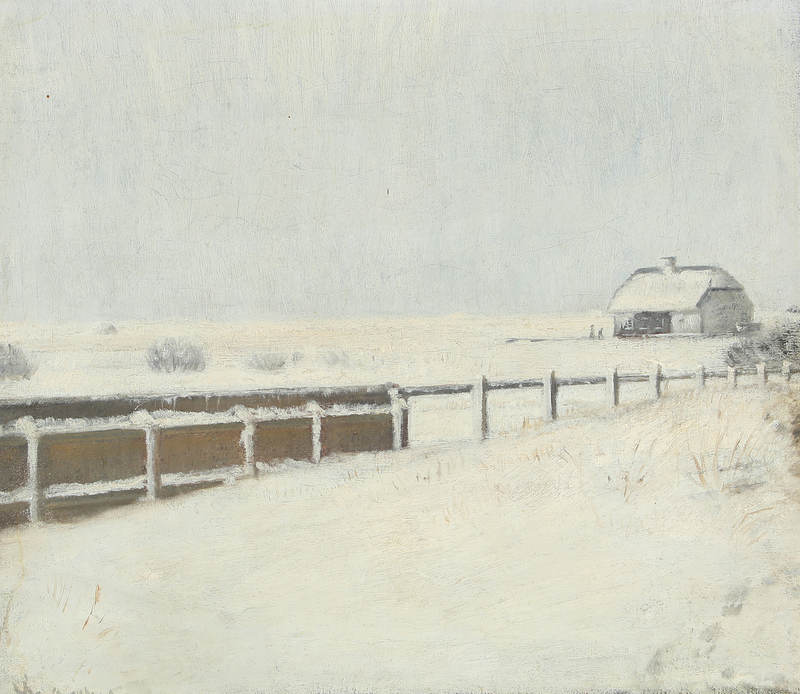 Des clôtures et un chalet sous la neige à Skagen. - Michael Peter Ancher