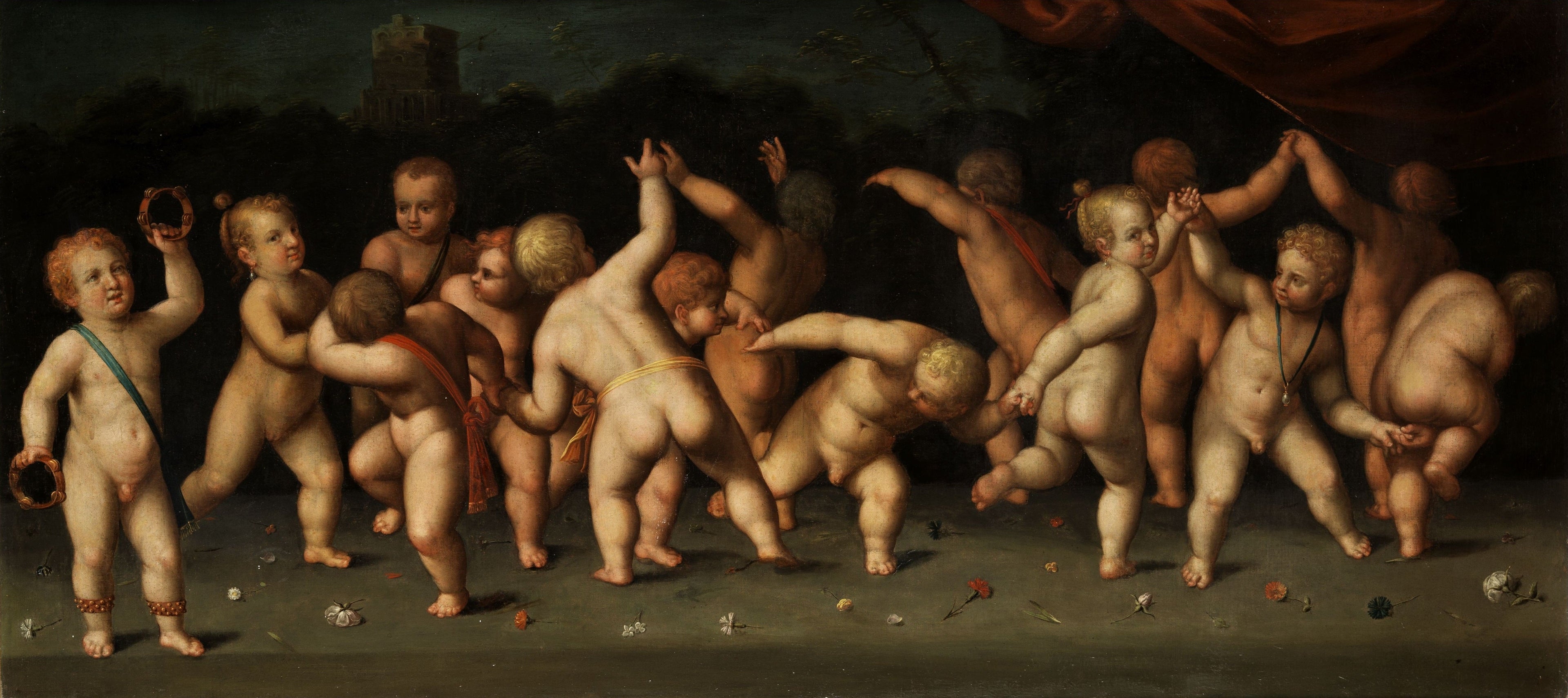 Des enfants dansent en rond et soufflent dans un paysage - Denis Calvaert