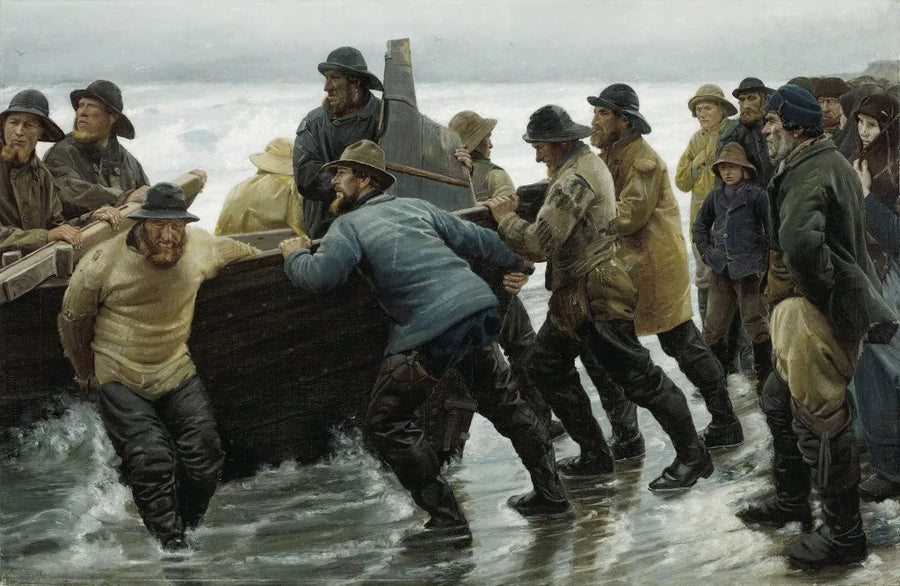 Des pêcheurs mettent à l'eau une barque à rames - Michael Peter Ancher