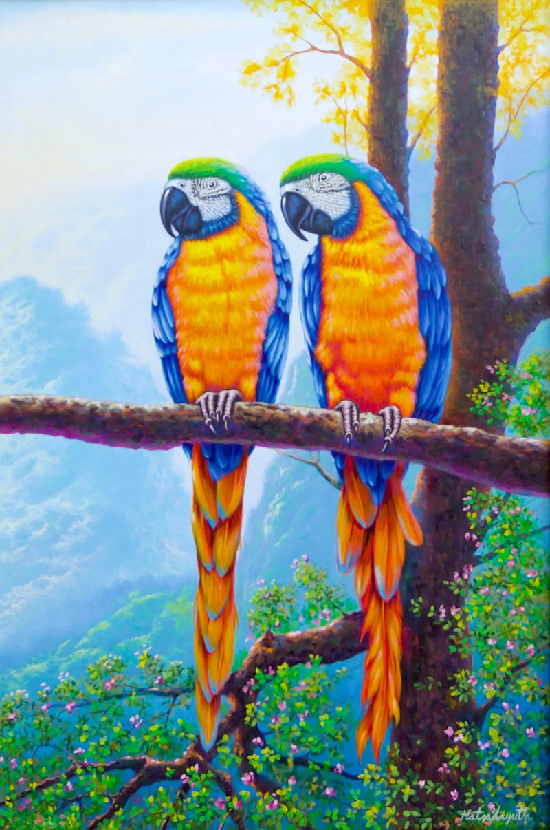 두 마리 아라가 가지에 있다 | 60 x 90cm