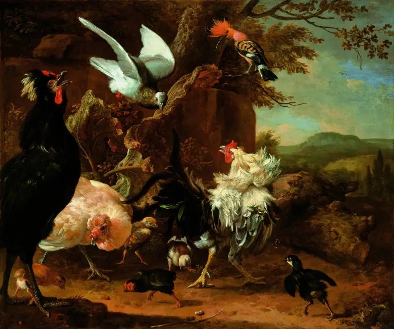 두 수탉, 한 암탉, 병아리들과 비둘기와 후프가 함께 있는 그림 - Melchior de Hondecoeter