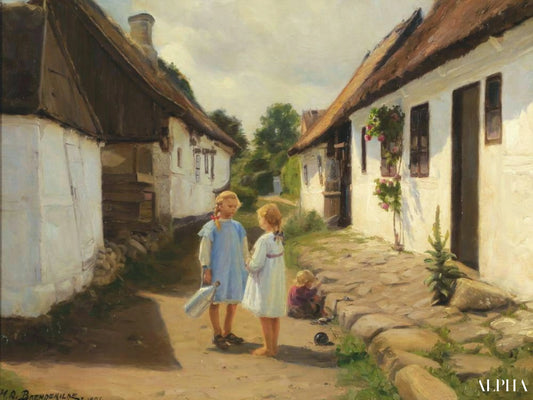 Deux enfants dans une rue de village - Hans Andersen Brendekilde - Reproductions de tableaux et peintures haut de gamme