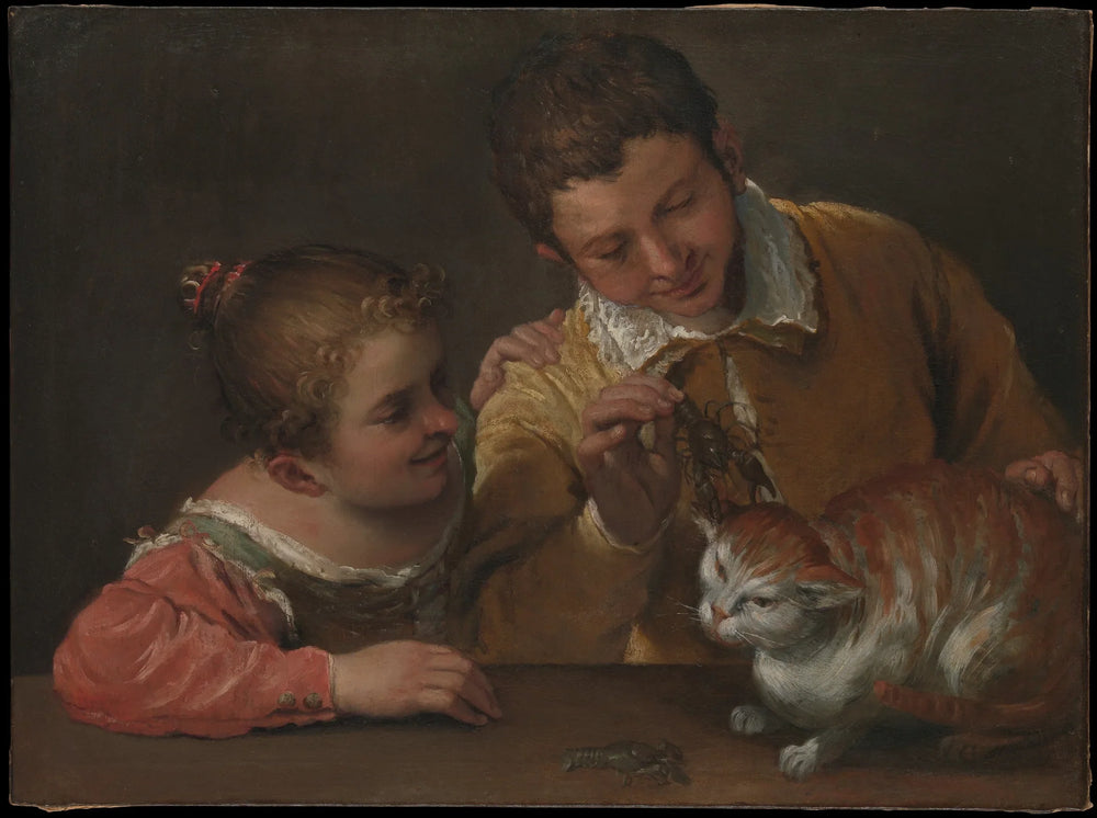 Deux enfants tourmentant un chat - Annibale Carracci image 1 copie peinte à la main à l’huile