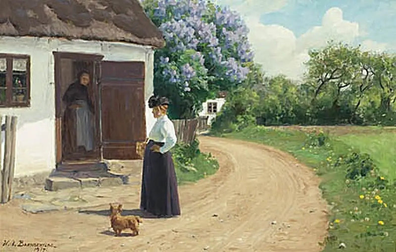 두 여성들이 마을 길에서 이야기하고 있습니다. - H. A. Brendekilde

Source:
Deux femmes discutent sur une route de village. - H. A. Brendekilde