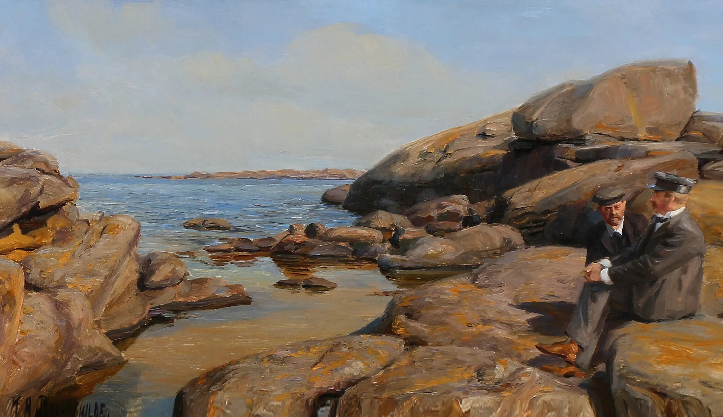 Deux hommes en conversation sur un rivage rocheux - H. A. Brendekilde image 1 reproduction réalisée par Alpha Reproduction