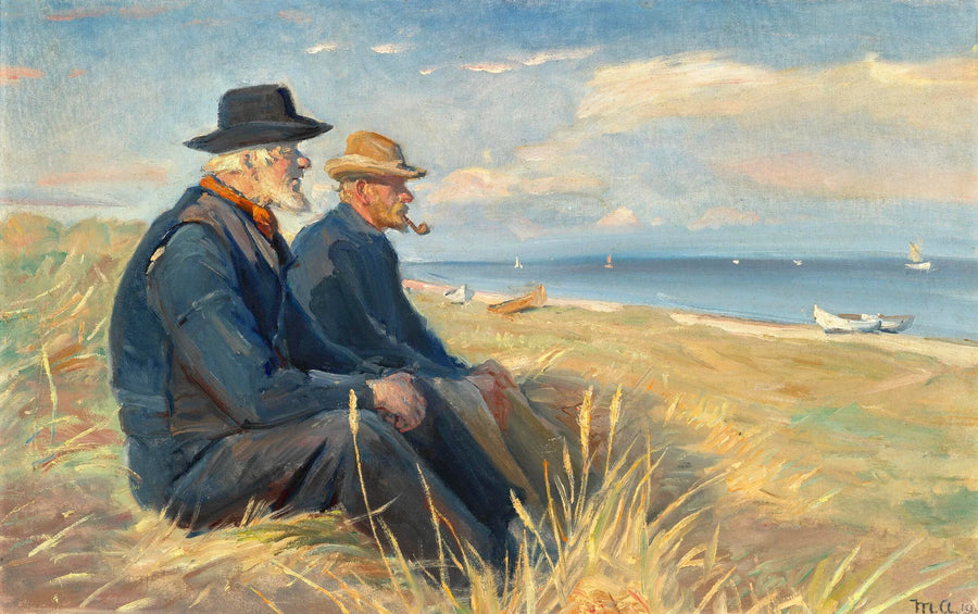 Deux pêcheurs de Skagen, assis au soleil de l'après-midi sur les dunes de la plage de Skagen, contemplent la mer. - Michael Peter Ancher