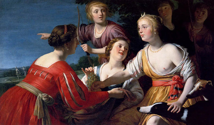 사냥 후 휴식을 취하는 다이앤, 목동들과 두 마리의 사냥개, 그 너머의 풍경 - Gerrit van Honthorst