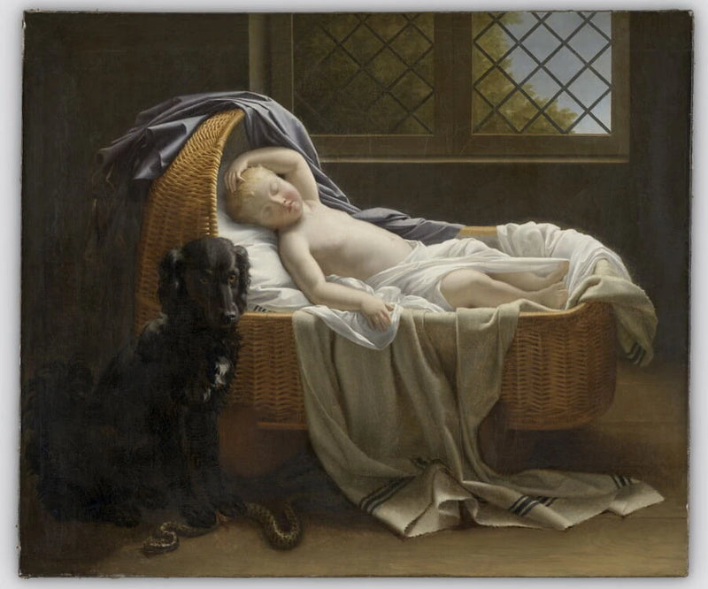 Enfant endormi dans un berceau sous la garde d'un chien courageux qui vient de tuer près de lui une énorme vipère - Jeanne Élisabeth Chaudet