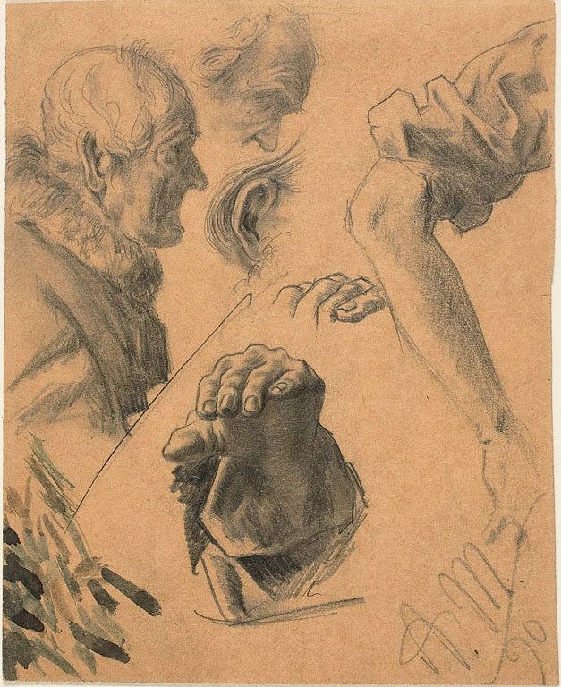 Études de mains, de bras et de têtes, Adolph Menzel — reproduction de peinture à l’huile