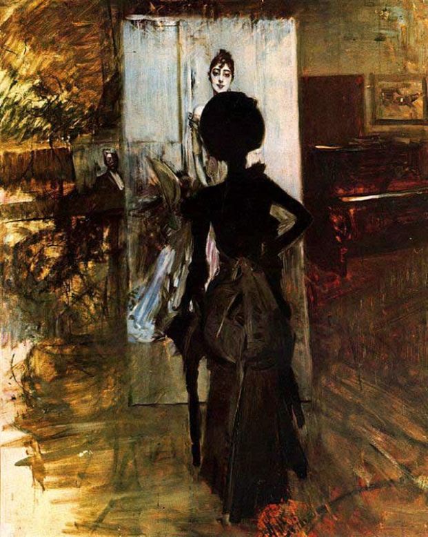검은색 옷을 입은 여성, « 흰색 파스텔 »을 관찰하는 - 조반니 볼디니