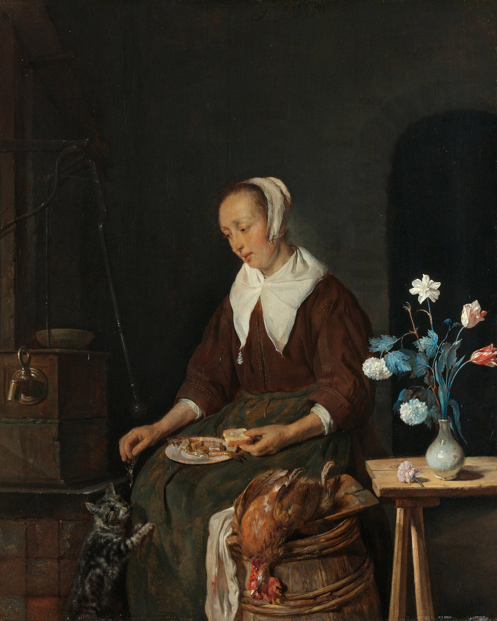 Femme mangeant, connue sous le nom de « Petit-déjeuner du chat » - Gabriel Metsu image 1 reproduction d’œuvre d’art à l’huile