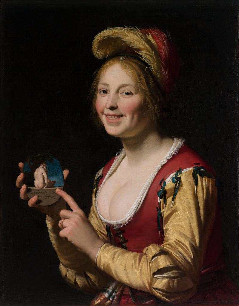 여성은 외설적인 물건을 보여주고 있음 - Gerrit van Honthorst
