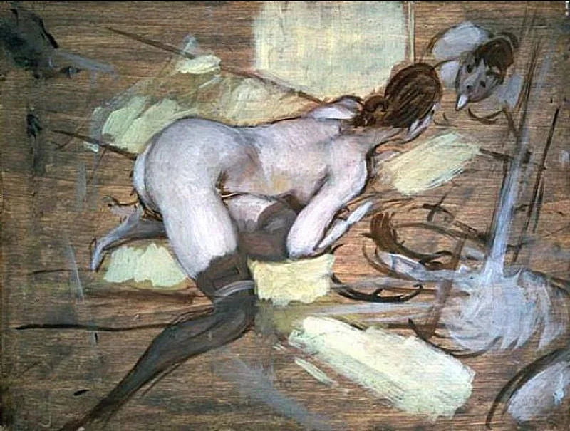 노출된 누드 여성 노란 쿠션 위에 누워 있음 - 조반니 볼디니