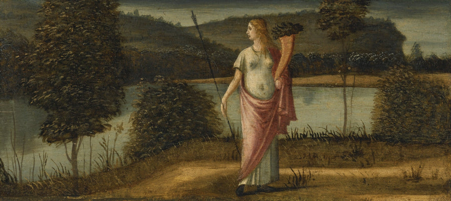여성을 형상화한 알레고리적 인물, 풍경 속에서 창과 풍요의 뿔을 들고 있는 - Vittore Carpaccio