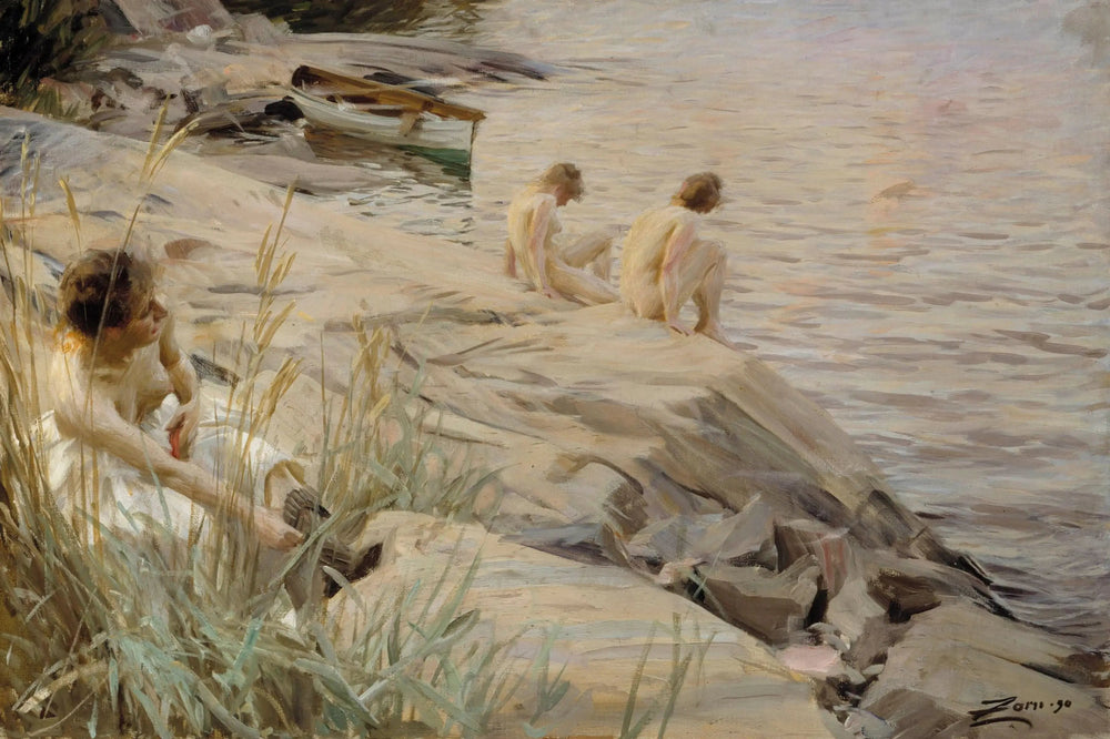 Filles se baignant en plein air ; Filles se baignant à l'extérieur ; Extérieur - Anders Zorn image 1 copie peinte à la main à l’huile