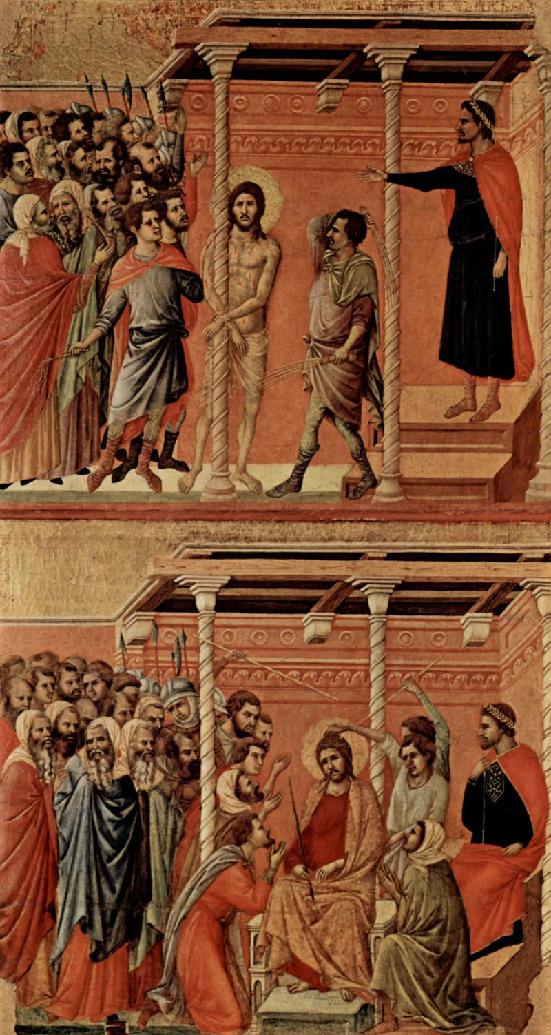 채찍질 (상단); 가시 면관을 쓴 그리스도 (하단) - Duccio di Buoninsegna