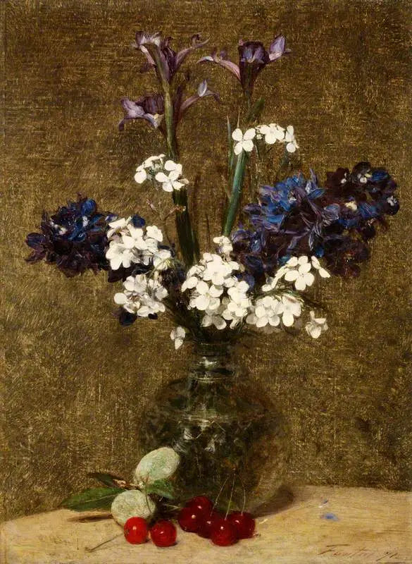 Fleurs : Iris et Jacinthes, avec des cerises et des amandes sur la table - Henri Fantin-Latour image 1 reproduction de peinture à l’huile