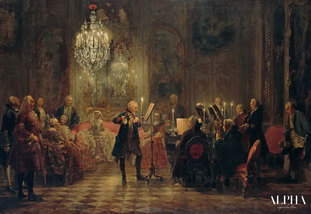 Frédéric II de Prusse jouant de la flûte au palais de Sanssouci - Adolph von Menzel - Reproductions de tableaux et peintures haut de gamme