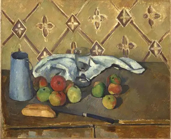 과일, 수건과 우유 상자 - Paul Cézanne