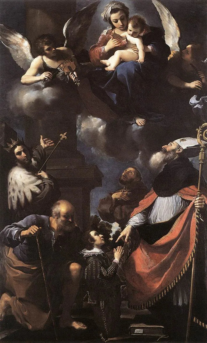 지우세페 가에타노 리게티[?]가 네 명의 성인에게 성모 마리아를 보여주는 모습 - Guercino