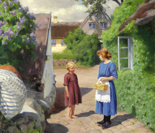 Journée d'été à Jyllinge. Lilas en fleurs et petites filles dans la rue du village - Hans Andersen Brendekilde - Reproductions de tableaux et peintures haut de gamme