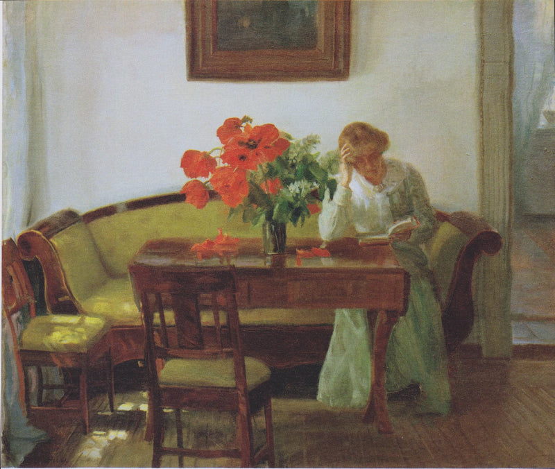 Intérieur avec des coquelicots et une femme lisant (Lizzy Hohlenberg) - Anna Ancher