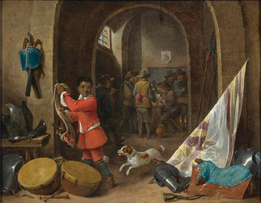 Intérieur d'une salle de garde avec un serviteur noir près d'une nature morte d'une selle, d'une bannière, de tambours et de cuirasses ; des soldats jouant aux cartes en arrière-plan - David Teniers le Jeune