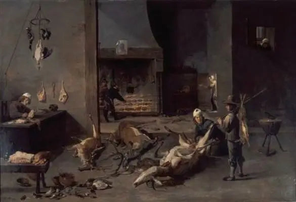 Intérieur de cuisine avec cuisiniers préparant du gibier de chasse - David Teniers le Jeune image 1 copie peinte à la main à l’huile