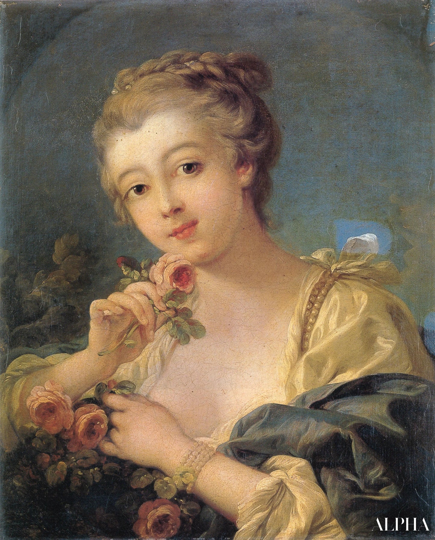 Young Woman with a Bouquet of Roses - François Boucher - Reproductions de tableaux et peintures haut de gamme