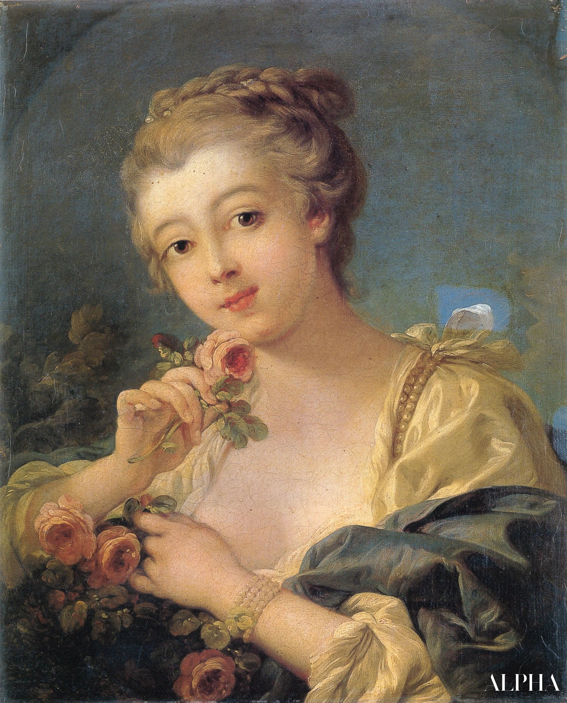 Young Woman with a Bouquet of Roses - François Boucher - Reproductions de tableaux et peintures haut de gamme