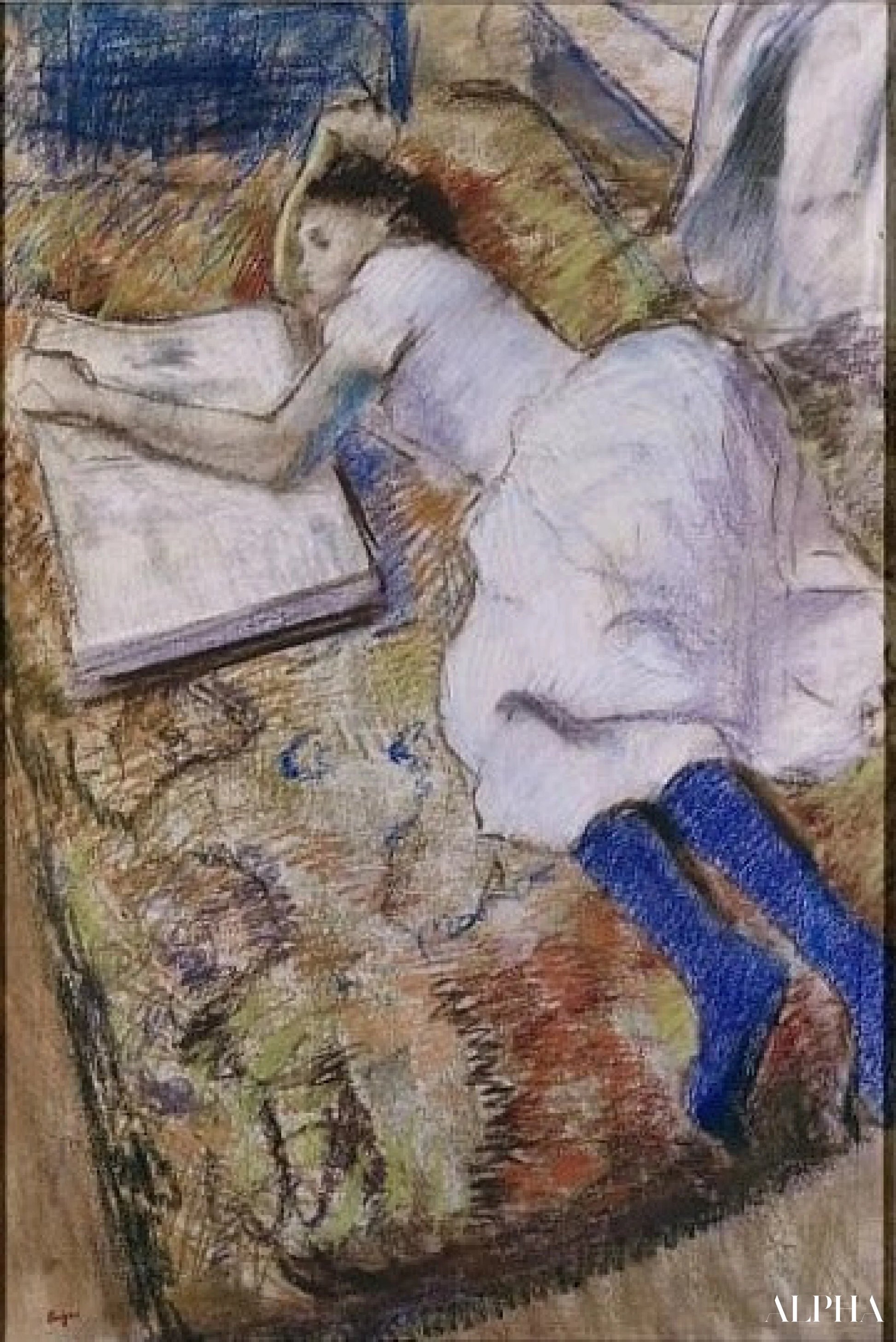 누워서 앨범을 바라보는 젊은 소녀 - Edgar Degas - 고급 그림 및 회화 복제본