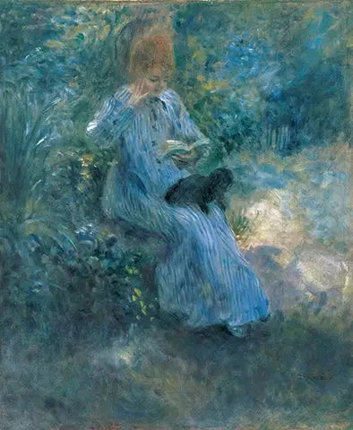 Jeune fille lisant dans un jardin avec un chien sur les genoux, Renoir, 1874