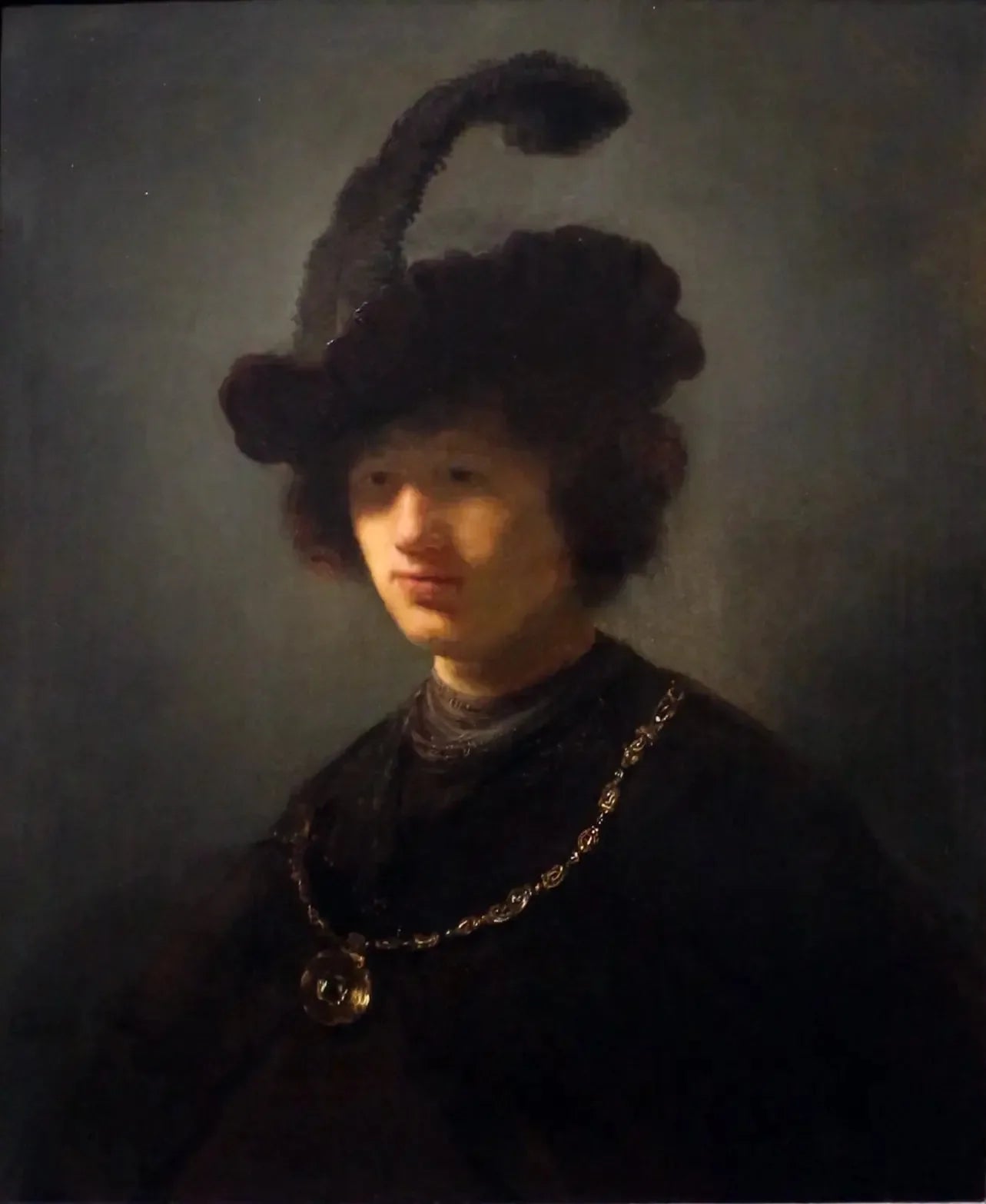 Jeune homme au chapeau à plumes - Rembrandt image 1 tableau peint à l’huile sur toile