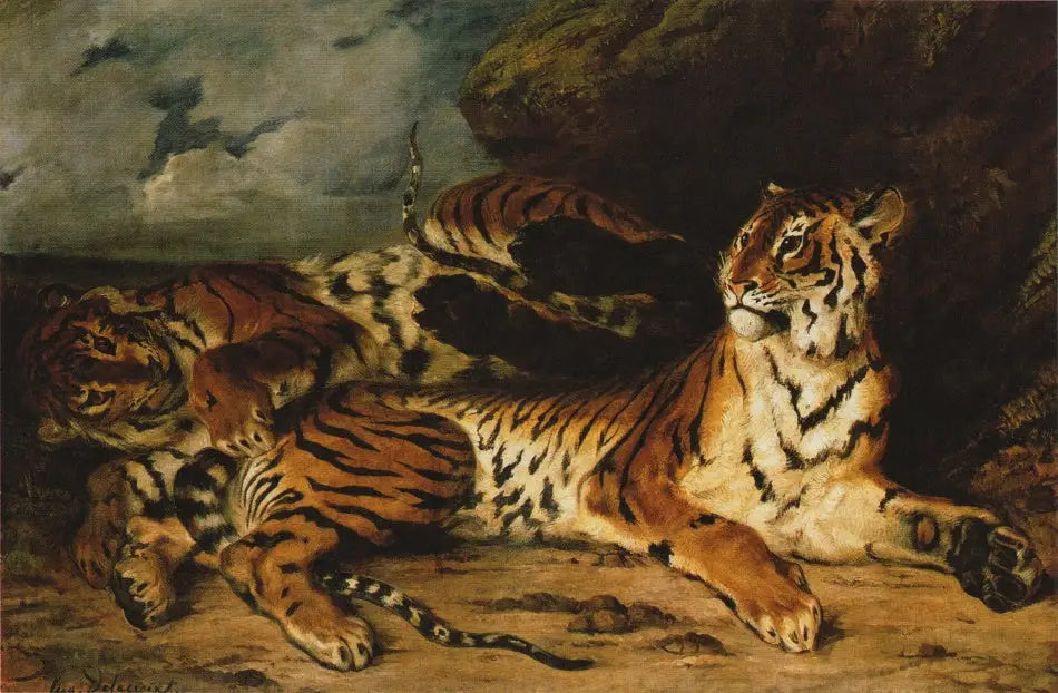 Jeune Tigre jouant avec sa mère - Eugène Delacroix image 1 reproduction artisanale de tableau