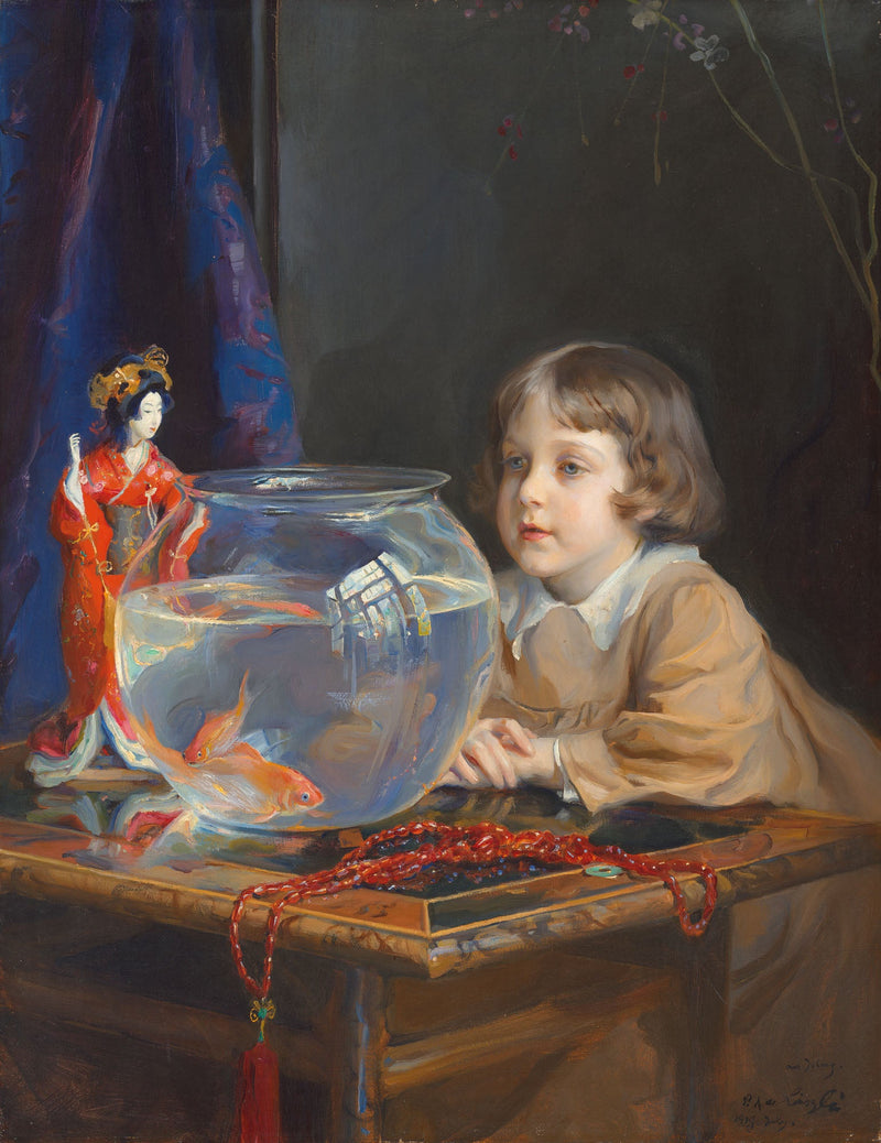 John de László et un bocal à poissons rouges - Philip de László