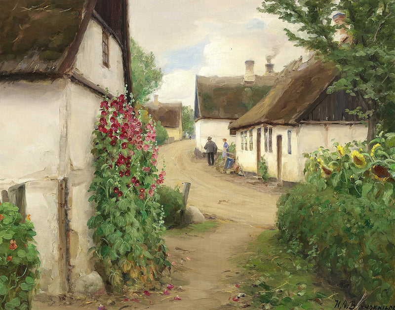 해바라기와 빨간 튤립이 피는 마을의 여름날. - H. A. Brendekilde

Source:
Journée d'été dans un village avec des tournesols et des roses trémières rouges. - H. A. Brendekilde