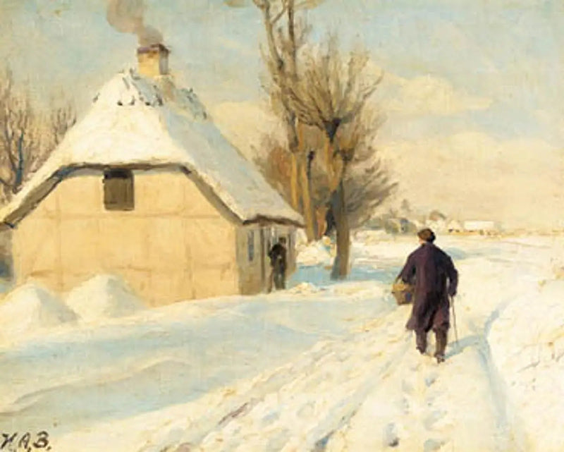 초가집 근처의 겨울날. 한 남자가 눈 덮인 길을 걷고 있다. - H. A. Brendekilde

Source:
Journée d'hiver près d'une maison au toit de chaume. Un homme marche sur la route enneigée. - H. A. Brendekilde