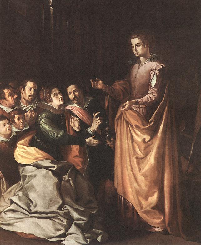 L'apparition de sainte Catherine à la famille de saint Bonaventure - Francisco de Herrera le Vieux image 1 tableau peint à l’huile sur toile